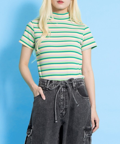 PUNYUS（プニュズ）の「マルチボーダーハイネックリブＴシャツ（Tシャツ/カットソー・レディース・ブルー/グリーン/ピンク・1/2/3/4）」の19枚目の写真