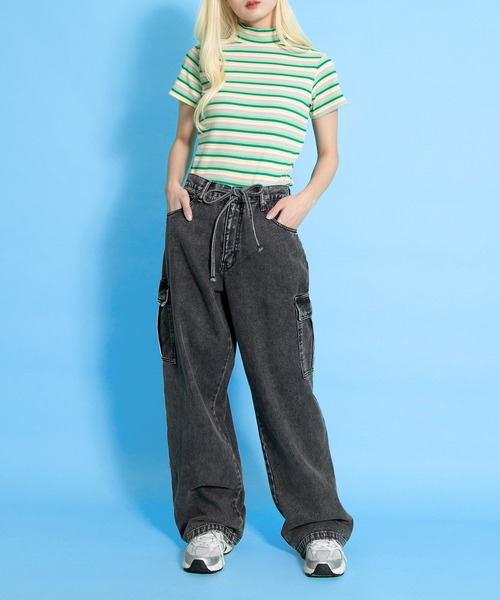 PUNYUS（プニュズ）の「マルチボーダーハイネックリブＴシャツ（Tシャツ/カットソー・レディース・ブルー/グリーン/ピンク・1/2/3/4）」の20枚目の写真