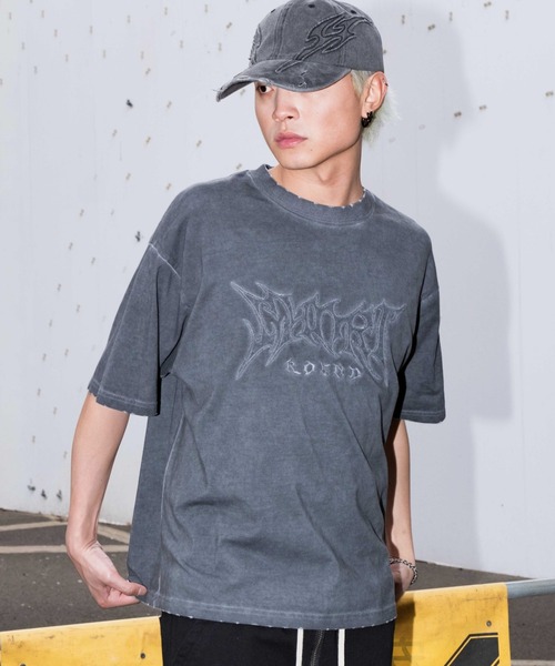 SHORT ROUND（ショートラウンド）の「SHORT ROUND/コールドダイダメージアップリケT（Tシャツ/カットソー・メンズ・グレー/スミクロ・LARGE/MEDIUM）」の12枚目の写真