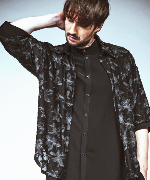 NO ID.(ノーアイディ)の「【NO ID.】Sheer Flower JQ Big Shirt / シアー フラワー JQ ビッグ シャツ(シャツ/ブラウス・メンズ・ブラック/ホワイト・ONE SIZE)」の1枚目の写真