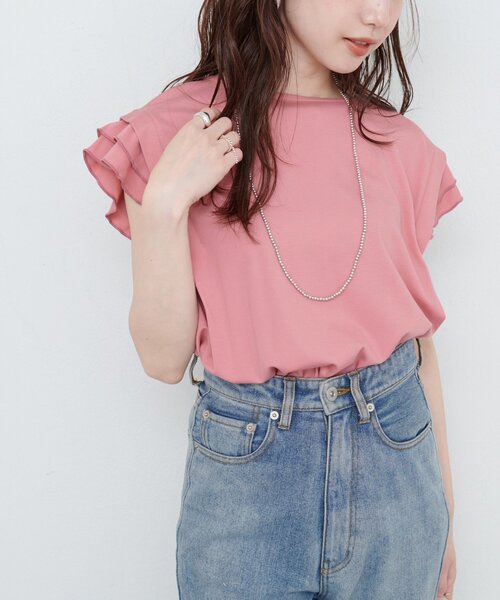 natural couture(ナチュラルクチュール)の「【sherbet line】接触冷感 タックフリルT(Tシャツ/カットソー・レディース・ピンク/ライトベージュ/オフホワイト/ブルー/ブラック・FREE)」の1枚目の写真