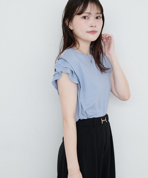 natural couture(ナチュラルクチュール)の「【sherbet line】接触冷感 タックフリルT(Tシャツ/カットソー・レディース・ピンク/ライトベージュ/オフホワイト/ブルー/ブラック・FREE)」の5枚目の写真