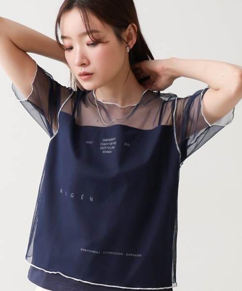 Bab(バブ)の「カラーメローチュールレイヤードTシャツ(Tシャツ/カットソー・レディース・ネイビー/オフホワイト/チャコールグレー・FREE)」の3枚目の写真