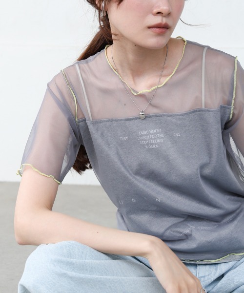 Bab(バブ)の「カラーメローチュールレイヤードTシャツ(Tシャツ/カットソー・レディース・ネイビー/オフホワイト/チャコールグレー・FREE)」の2枚目の写真