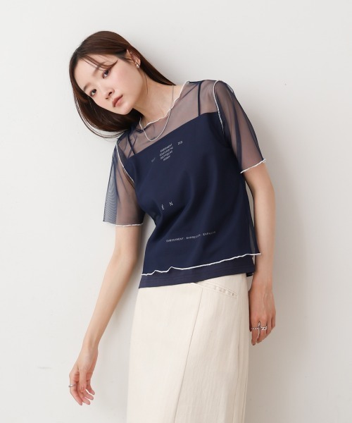Bab(バブ)の「カラーメローチュールレイヤードTシャツ(Tシャツ/カットソー・レディース・ネイビー/オフホワイト/チャコールグレー・FREE)」の8枚目の写真