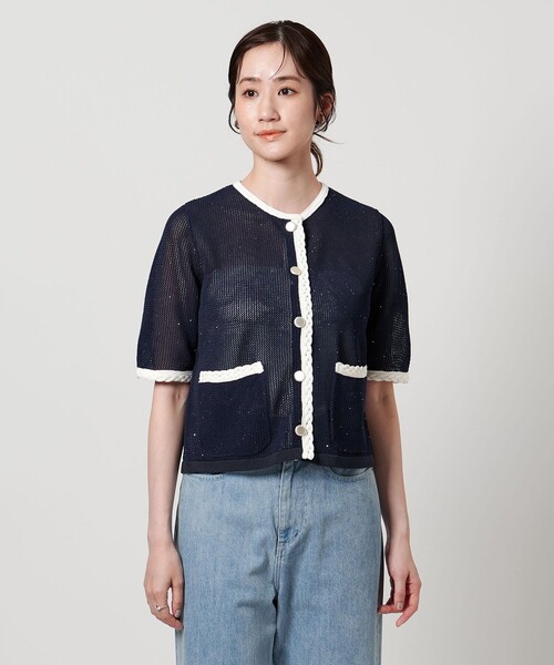 UNITED ARROWS(ユナイテッドアローズ)の「メッシュ スパンコール ニットカーディガン -ウォッシャブル-(カーディガン/ボレロ・レディース・オフホワイト/ブラック/ネイビー・FREE)」の10枚目の写真