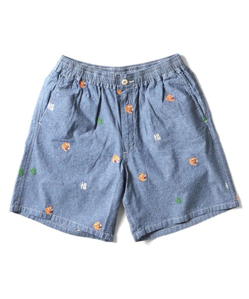 HOUSTON(ヒューストン)の「HOUSTON ヒューストン CHAMBRAY ALLOVER EMB EASY SHORTS シャンブレー 虎 福 総柄刺繍 イージーショーツ(その他パンツ・メンズ・ワンウォッシュ/ライトインディゴブルー・M/L/XL)」の2枚目の写真