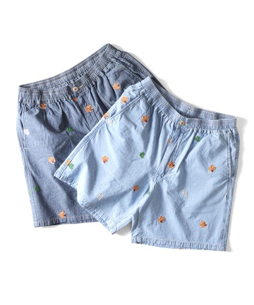 HOUSTON(ヒューストン)の「HOUSTON ヒューストン CHAMBRAY ALLOVER EMB EASY SHORTS シャンブレー 虎 福 総柄刺繍 イージーショーツ(その他パンツ・メンズ・ワンウォッシュ/ライトインディゴブルー・M/L/XL)」の3枚目の写真
