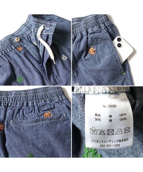 HOUSTON(ヒューストン)の「HOUSTON ヒューストン CHAMBRAY ALLOVER EMB EASY SHORTS シャンブレー 虎 福 総柄刺繍 イージーショーツ(その他パンツ・メンズ・ワンウォッシュ/ライトインディゴブルー・M/L/XL)」の4枚目の写真