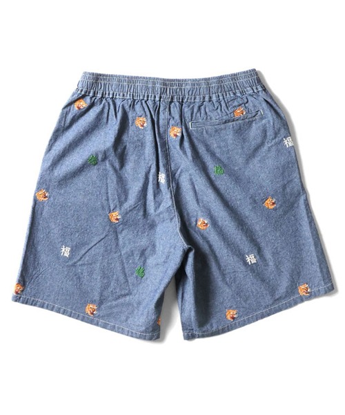 HOUSTON(ヒューストン)の「HOUSTON ヒューストン CHAMBRAY ALLOVER EMB EASY SHORTS シャンブレー 虎 福 総柄刺繍 イージーショーツ(その他パンツ・メンズ・ワンウォッシュ/ライトインディゴブルー・M/L/XL)」の6枚目の写真