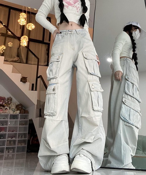 ⭐️新品未使用⭐️Fleur ワイドパンツ異素材ドッキングデニム セール】ライトウォッシュカーゴデニムワイドパンツ(デニム