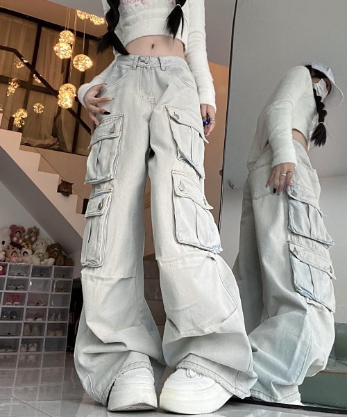 オールドウォッシュ カーゴデニム S〜2XL ワイド Shoowtime カーゴパンツ ビンテージウォッシュワイドデニム
