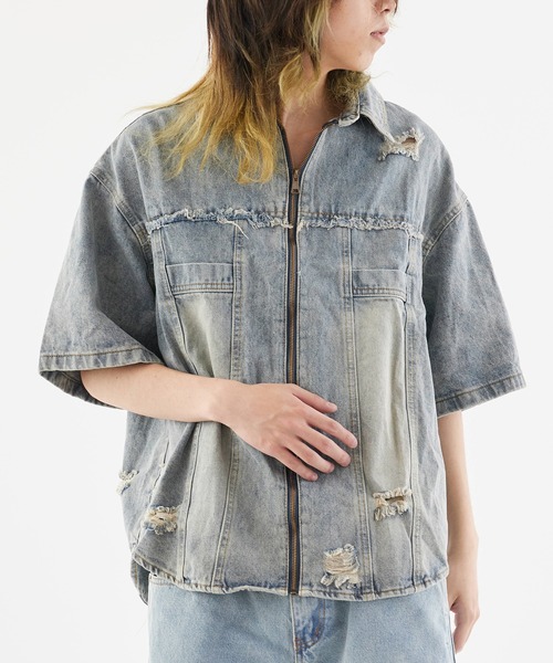 セール】Damaged Short-Sleeved Denim Jacket / ダメージ加工
