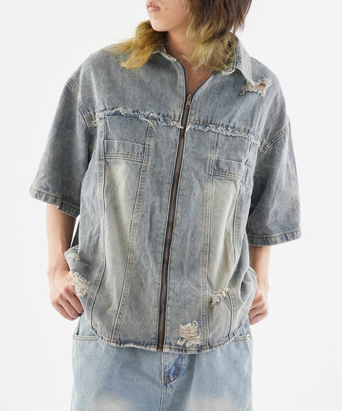 セール】Damaged Short-Sleeved Denim Jacket / ダメージ加工 半袖