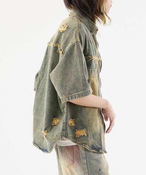 Theater code(シアターコード)の「Damaged Short-Sleeved Denim Jacket / ダメージ加工 半袖デニムジャケット 秋 秋服メンズ 2026年秋冬(デニムジャケット・メンズ・ブラック/ブルー/オレンジ・M/L)」の18枚目の写真