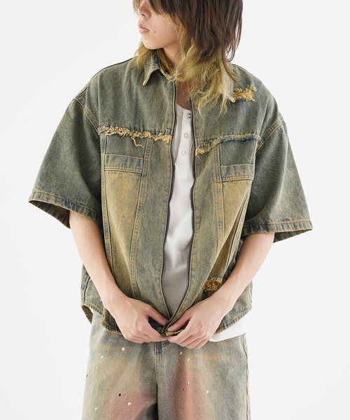 Theater code(シアターコード)の「Damaged Short-Sleeved Denim Jacket / ダメージ加工 半袖デニムジャケット 秋 秋服メンズ 2026年秋冬(デニムジャケット・メンズ・ブラック/ブルー/オレンジ・M/L)」の19枚目の写真