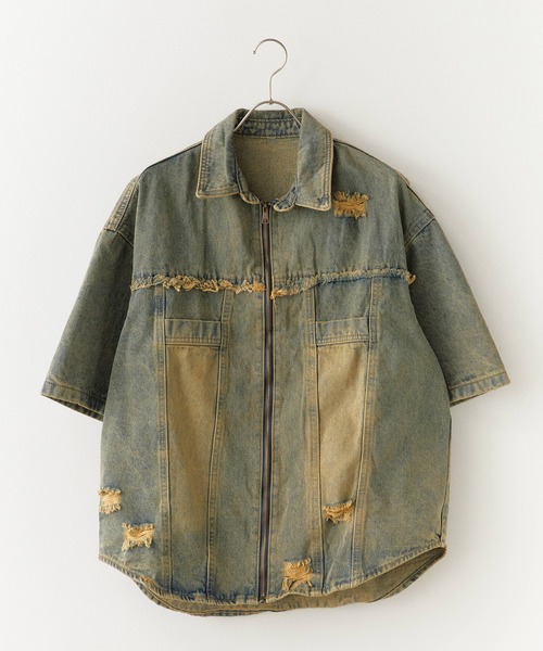 セール】Damaged Short-Sleeved Denim Jacket / ダメージ加工
