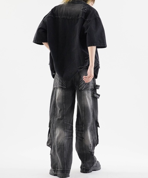 トルネードマート レースアップ デニムジャケット 編み込み コート ダメージ加工 セール】Damaged Short-Sleeved Denim Jacket / ダメージ加工