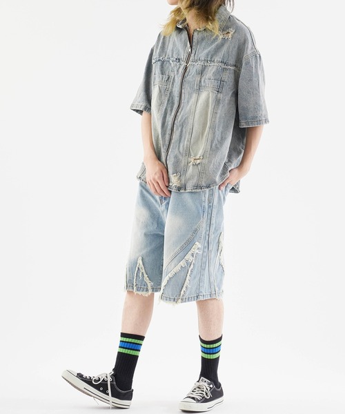 Theater code(シアターコード)の「Damaged Short-Sleeved Denim Jacket / ダメージ加工 半袖デニムジャケット 秋 秋服メンズ 2026年秋冬(デニムジャケット・メンズ・ブラック/ブルー/オレンジ・M/L)」の22枚目の写真