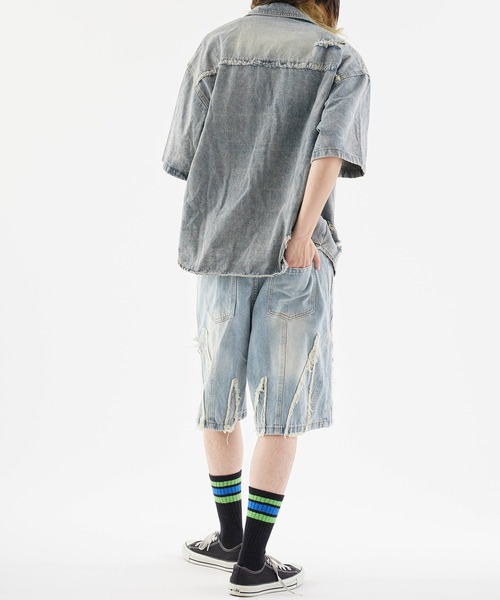 Theater code(シアターコード)の「Damaged Short-Sleeved Denim Jacket / ダメージ加工 半袖デニムジャケット 秋 秋服メンズ 2026年秋冬(デニムジャケット・メンズ・ブラック/ブルー/オレンジ・M/L)」の21枚目の写真