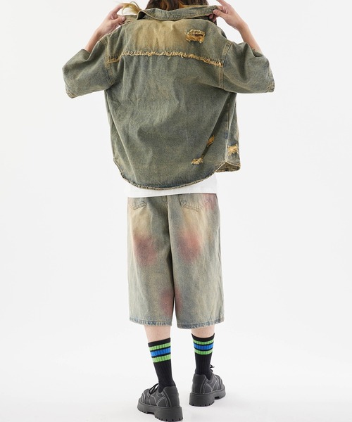 Theater code(シアターコード)の「Damaged Short-Sleeved Denim Jacket / ダメージ加工 半袖デニムジャケット 秋 秋服メンズ 2026年秋冬(デニムジャケット・メンズ・ブラック/ブルー/オレンジ・M/L)」の14枚目の写真