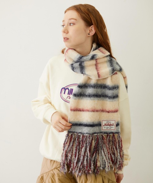 MILKFED.（ミルクフェド）の「STRIPED FRINGE STOLE（マフラー・レディース・オフホワイト/ブラック/ブラウン・ONE SIZE）」の4枚目の写真