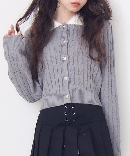 ems excite(エムズエキサイト)の「シャギー襟ケーブルカーディガン(ニット/セーター・レディース・ワインレッド/ダークグレー/ナチュラル・FREE)」の2枚目の写真