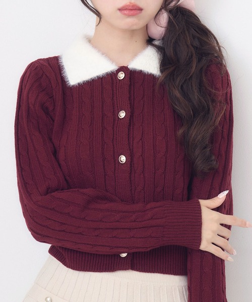 ems excite(エムズエキサイト)の「シャギー襟ケーブルカーディガン(ニット/セーター・レディース・ワインレッド/ダークグレー/ナチュラル・FREE)」の3枚目の写真