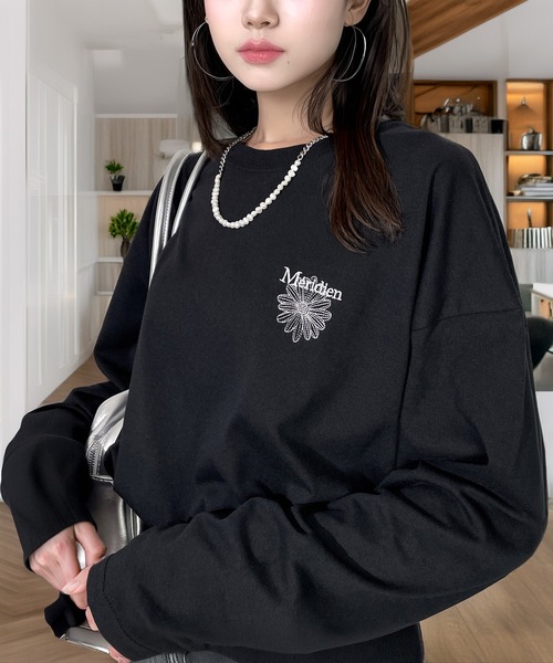 セール】ゆったり 着やすい モード フラワー ラメ刺繍 ロンT（Tシャツ