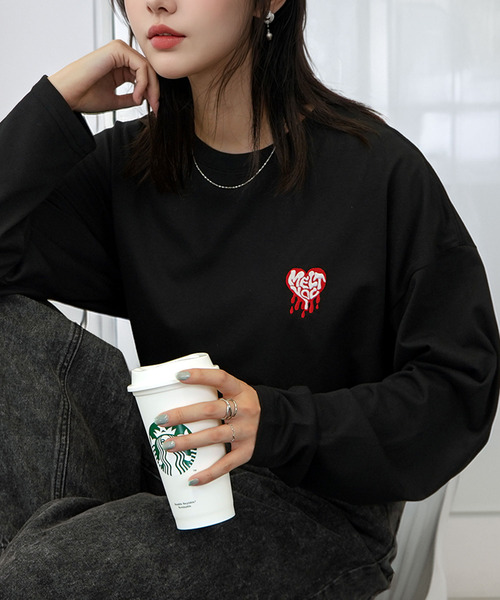 セール】ゆったり 着やすい モード フラワー ラメ刺繍 ロンT（Tシャツ