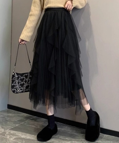 cammie(キャミー)の「ランダムチュールフレアスカート(スカート・レディース・アイボリー/ブラック・MEDIUM/LARGE)」の1枚目の写真