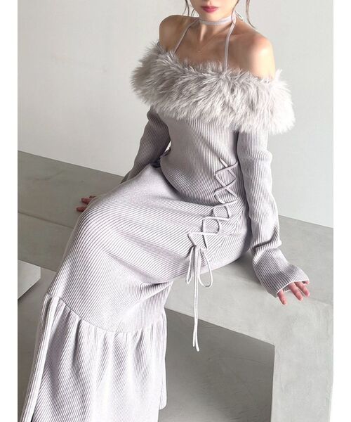 セール】フェイクファートリムニットワンピース（ワンピース