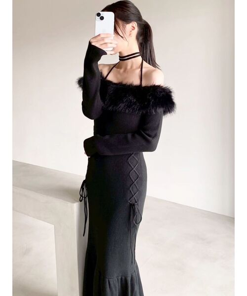 膝丈ワンピース　リアルファー セール】フェイクファートリムニットワンピース（ワンピース