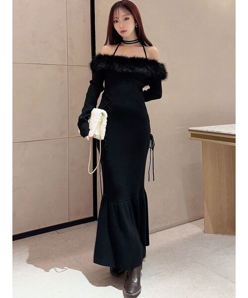セール】フェイクファートリムニットワンピース（ワンピース