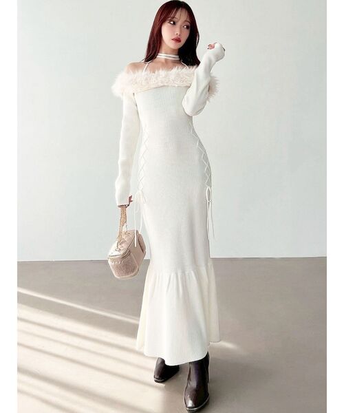 resexxy フェイクファートリムニットワンピース チャコールグレー セール】フェイクファートリムニットワンピース（ワンピース