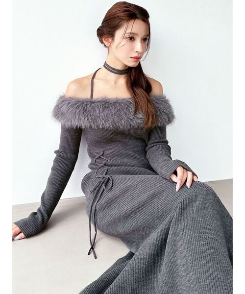 ワンピース フェイクファートリムニットワンピース フェイクファー