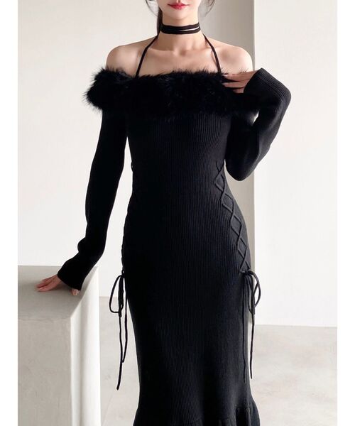 セール】フェイクファートリムニットワンピース（ワンピース