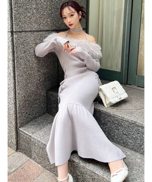 セール】フェイクファートリムニットワンピース（ワンピース