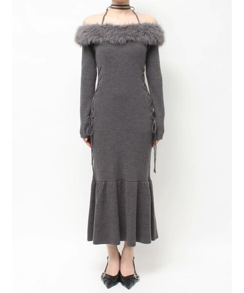 セール】フェイクファートリムニットワンピース（ワンピース