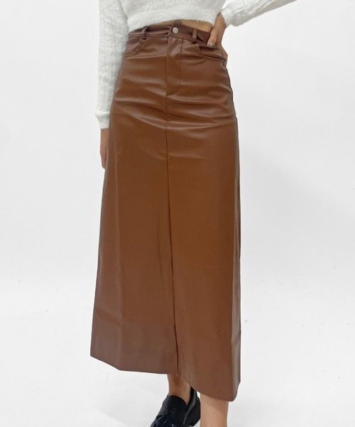 セール】ハイウエストフェイクレザーAラインロングスカート（スカート