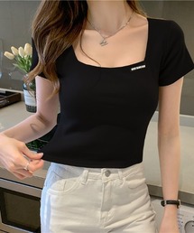 BY THE BAY（バイザベイ）の「【スタイルアップ】スクエアネックワンポイントリブクロップドTシャツ 2色展開｜半袖 ショート丈 デコルテ見せ 大人カジュアル（その他トップス）」