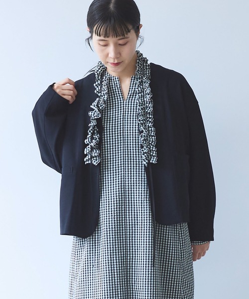 yuni（ユニ　）の「レーヨンウール no collar ジャケット（ノーカラージャケット・レディース・ネイビー/カーキ・FREE）」の3枚目の写真