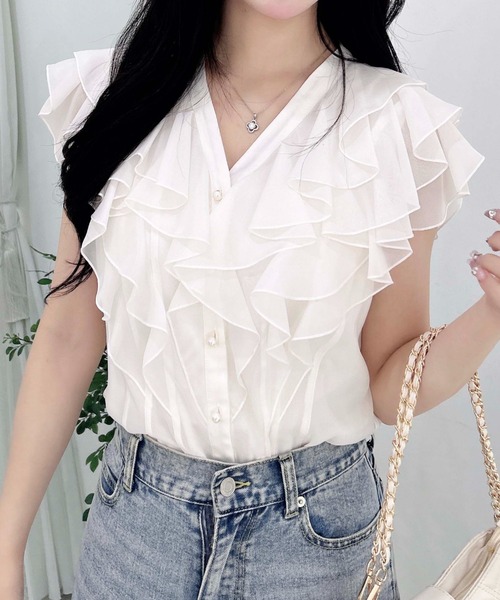 INGNI（イング）の「フリルシアーノースリブラウス（シャツ/ブラウス・レディース・ブラック/オフホワイト/サックスブルー・M）」の2枚目の写真