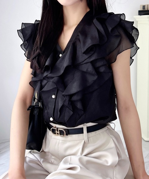 INGNI（イング）の「フリルシアーノースリブラウス（シャツ/ブラウス・レディース・ブラック/オフホワイト/サックスブルー・M）」の3枚目の写真