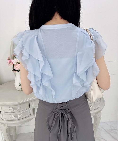 INGNI（イング）の「フリルシアーノースリブラウス（シャツ/ブラウス・レディース・ブラック/オフホワイト/サックスブルー・M）」の19枚目の写真