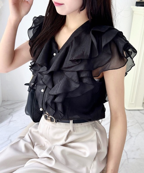 INGNI（イング）の「フリルシアーノースリブラウス（シャツ/ブラウス・レディース・ブラック/オフホワイト/サックスブルー・M）」の12枚目の写真