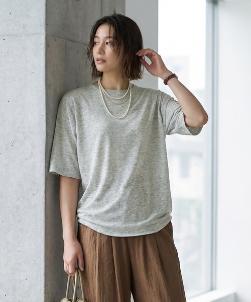 STYLE DELI（スタイルデリ）の「リネン混ニットTシャツ（Tシャツ/カットソー・レディース・オートミール/ライトグレー・FREE）」の2枚目の写真
