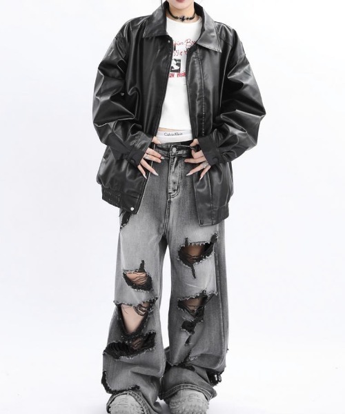 LADY LIKE(レディライク)の「オーバーサイズフェイクレザーシングルジャケット(ブルゾン・レディース・ブラック/ブラウン・M)」の15枚目の写真