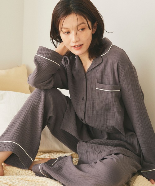 cross marche（クロスマルシェ）の「【LAFUKU/ラフク】パイピングデザインダブルガーゼパジャマ綿100％《上下セット》（ルームウェア/パジャマ・レディース・アイボリー/ベージュ/チャコール・LL/L/M）」の5枚目の写真