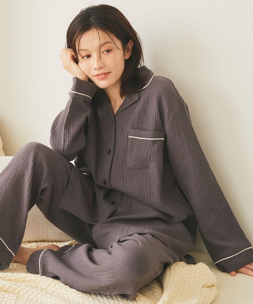 cross marche（クロスマルシェ）の「【LAFUKU/ラフク】パイピングデザインダブルガーゼパジャマ綿100％《上下セット》（ルームウェア/パジャマ・レディース・アイボリー/ベージュ/チャコール・LL/L/M）」の9枚目の写真